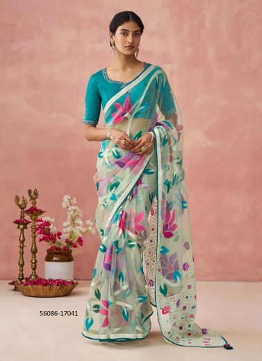 Celadon & Teal Blue Brasso Organza Floral Digitally Printed Saree For Kitty-Parties