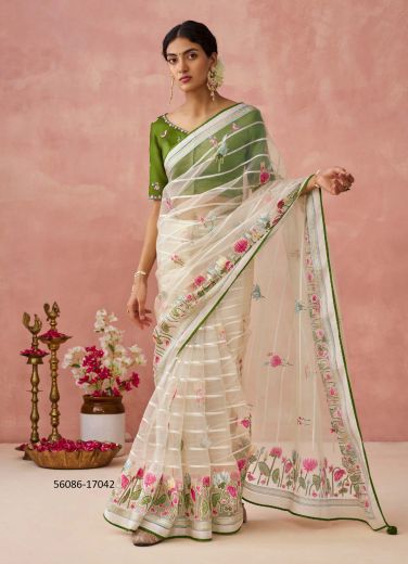 Off White & Olive Green Brasso Organza Floral Digitally Printed Saree For Kitty-Parties