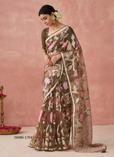 Coffee Brown & Pink Brasso Organza Floral Digitally Printed Saree For Kitty-Parties