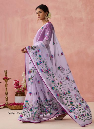 Lilac & Purple Brasso Organza Floral Digitally Printed Saree For Kitty-Parties