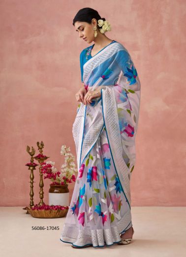 White & Sky Blue Brasso Organza Floral Digitally Printed Saree For Kitty-Parties