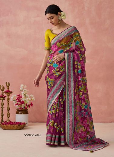 Purple & Mustard Yellow Brasso Organza Floral Digitally Printed Saree For Kitty-Parties