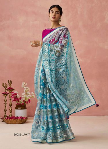 Sea Blue & White Brasso Organza Floral Digitally Printed Saree For Kitty-Parties