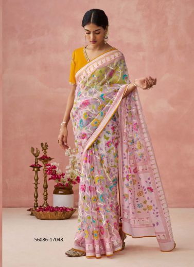 Light Pink & Yellow Brasso Organza Floral Digitally Printed Saree For Kitty-Parties