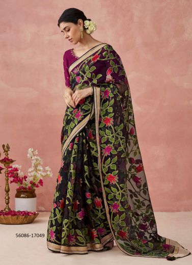 Black & Green Brasso Organza Floral Digitally Printed Saree For Kitty-Parties