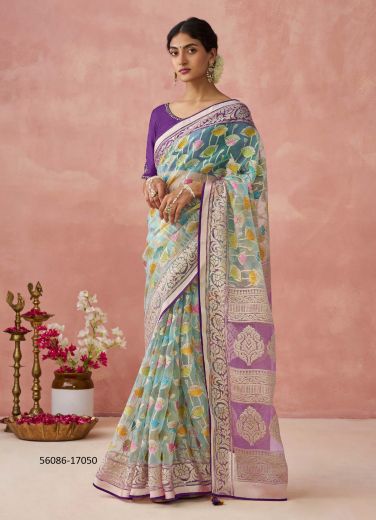 Light Blue & Lilac Brasso Organza Floral Digitally Printed Saree For Kitty-Parties