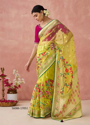 Lime Yellow & Magenta Brasso Organza Floral Digitally Printed Saree For Kitty-Parties