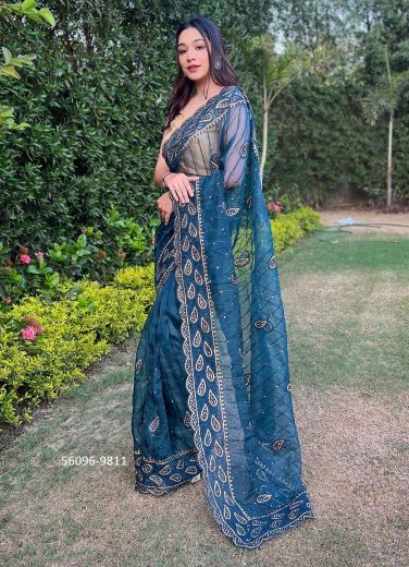 Sea Blue Pure Organza Silk Embroidered Festive-Wear Boutique-Style Saree