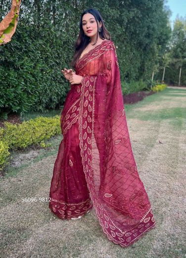 Wine Pure Organza Silk Embroidered Festive-Wear Boutique-Style Saree