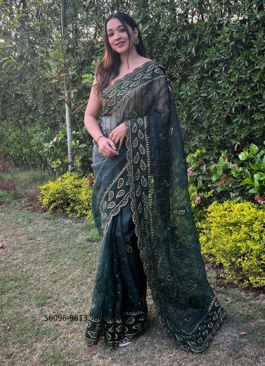 Bottle Green Pure Organza Silk Embroidered Festive-Wear Boutique-Style Saree