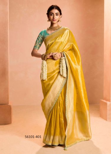 Yellow Zari Tissue Silk Handworked Wedding-Wear Saree