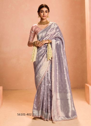 Light Lilac Zari Tissue Silk Handworked Wedding-Wear Saree