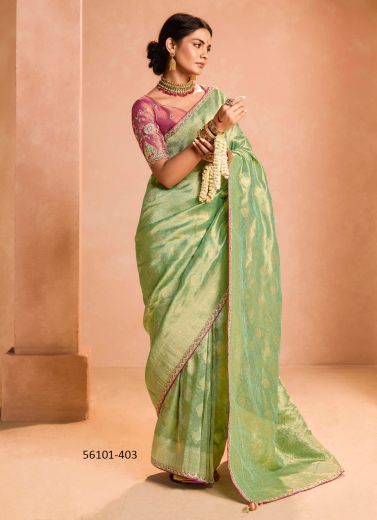 Light Green Zari Tissue Silk Handworked Wedding-Wear Saree