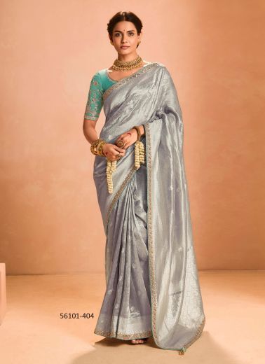 Silver Gray Zari Tissue Silk Handworked Wedding-Wear Saree