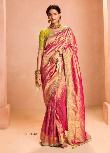 Dark Pink Zari Tissue Silk Handworked Wedding-Wear Saree