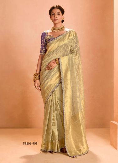 Beige Zari Tissue Silk Handworked Wedding-Wear Saree