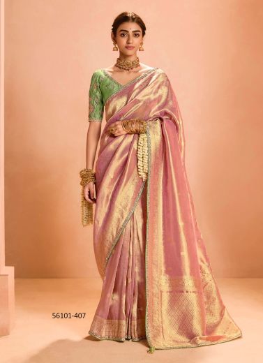 Light Pink Zari Tissue Silk Handworked Wedding-Wear Saree