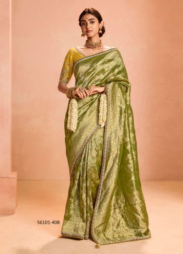 Olive Green Zari Tissue Silk Handworked Wedding-Wear Saree