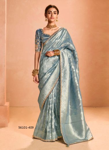 Sky Blue Zari Tissue Silk Handworked Wedding-Wear Saree