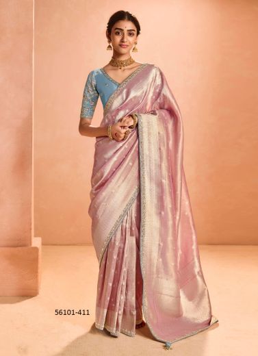 Pink Zari Tissue Silk Handworked Wedding-Wear Saree