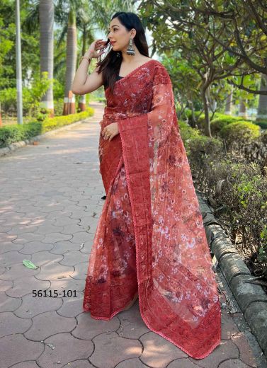 Salmon & Coral Red Organza Floral Digitally Printed Saree For Kitty-Parties