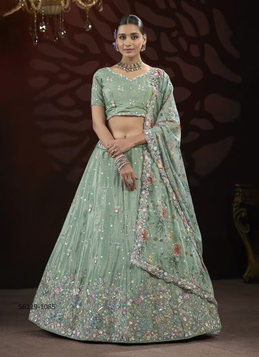 Sage Green Chinon Handworked Wedding-Wear Gliterring Lehenga Choli