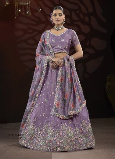 Lavender Chinon Handworked Wedding-Wear Gliterring Lehenga Choli