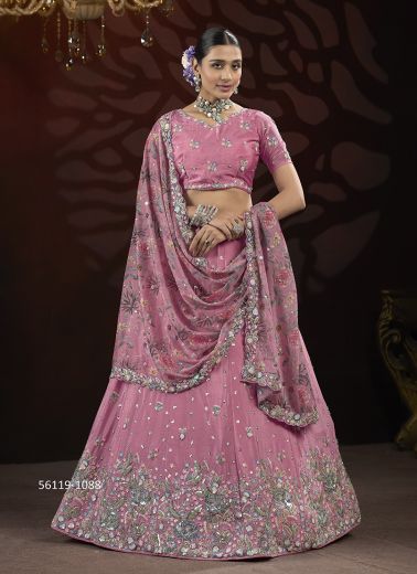 Pink Chinon Handworked Wedding-Wear Gliterring Lehenga Choli