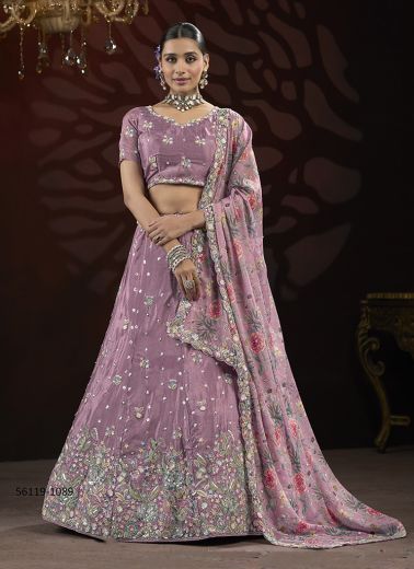 Lilac Chinon Handworked Wedding-Wear Gliterring Lehenga Choli