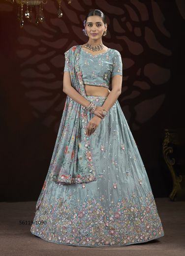 Light Blue Chinon Handworked Wedding-Wear Gliterring Lehenga Choli