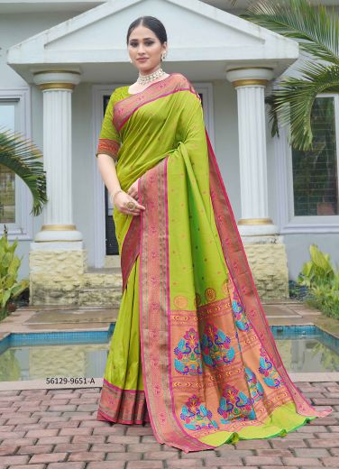 Parrot Green & Pink Woven Paithani Silk Saree For Traditional / Religious Occasions