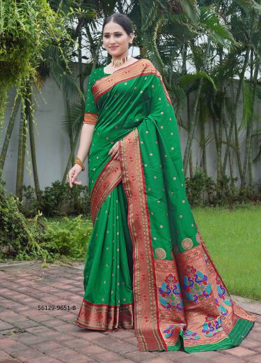 Green & Wine Red Woven Paithani Silk Saree For Traditional / Religious Occasions