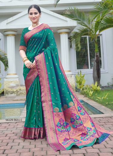 Teal Blue & Magenta Woven Paithani Silk Saree For Traditional / Religious Occasions