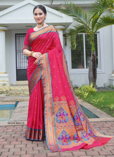 Dark Pink & Teal Blue Woven Paithani Silk Saree For Traditional / Religious Occasions