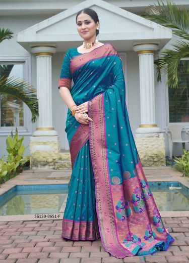 Sea Blue & Magenta Woven Paithani Silk Saree For Traditional / Religious Occasions