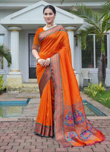 Orange & Teal Blue Woven Paithani Silk Saree For Traditional / Religious Occasions