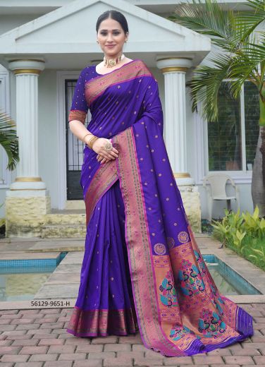 Violet & Magenta Woven Paithani Silk Saree For Traditional / Religious Occasions