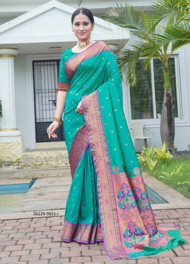 Aqua & Magenta Woven Paithani Silk Saree For Traditional / Religious Occasions