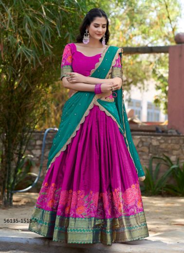 Magenta & Teal Blue Cotton Silk Woven Wedding-Wear Traditional Lehenga Choli