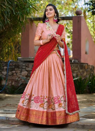 Light Pink & Red Cotton Silk Woven Wedding-Wear Traditional Lehenga Choli