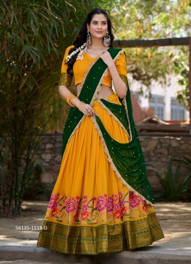 Yellow & Green Cotton Silk Woven Wedding-Wear Traditional Lehenga Choli