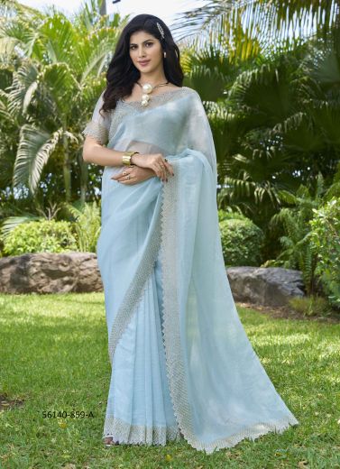 Light Blue Tissue Organza Embroidered Festive-Wear Beautiful Saree