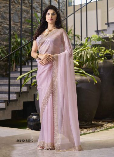 Light Pink Tissue Organza Embroidered Festive-Wear Beautiful Saree