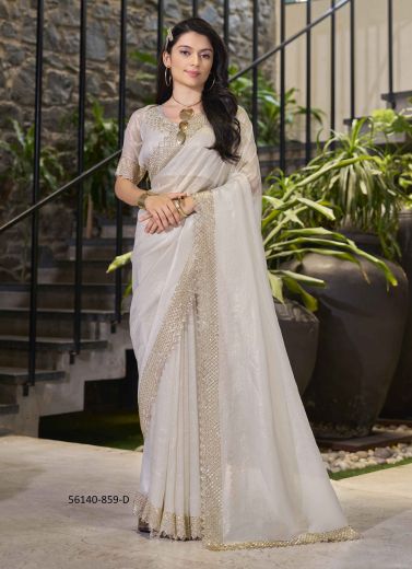 White Tissue Organza Embroidered Festive-Wear Beautiful Saree