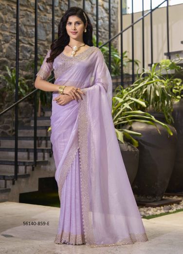 Lilac Tissue Organza Embroidered Festive-Wear Beautiful Saree