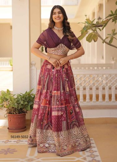 Wine Silk Digitally Printed Wedding-Wear Readymade Choli & Skirt Set