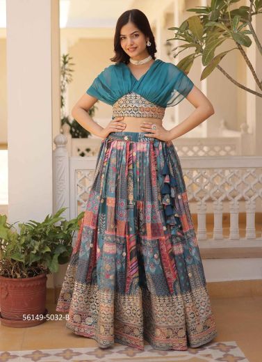 Teal Blue Silk Digitally Printed Wedding-Wear Readymade Choli & Skirt Set