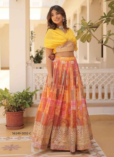 Orange Silk Digitally Printed Wedding-Wear Readymade Choli & Skirt Set