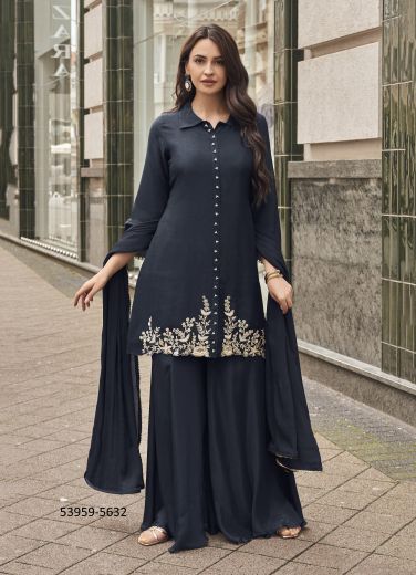 Dark Gray Viscose Jacquard Silk Embroidered Party-Wear Palazzo-Bottom Readymade Salwar Kameez