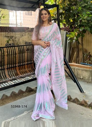 Lilac Georgette Sequins-Work Party-Wear Bollywood Saree